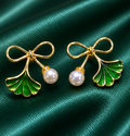 Emerald Ginkgo Pearl Bow Earrings