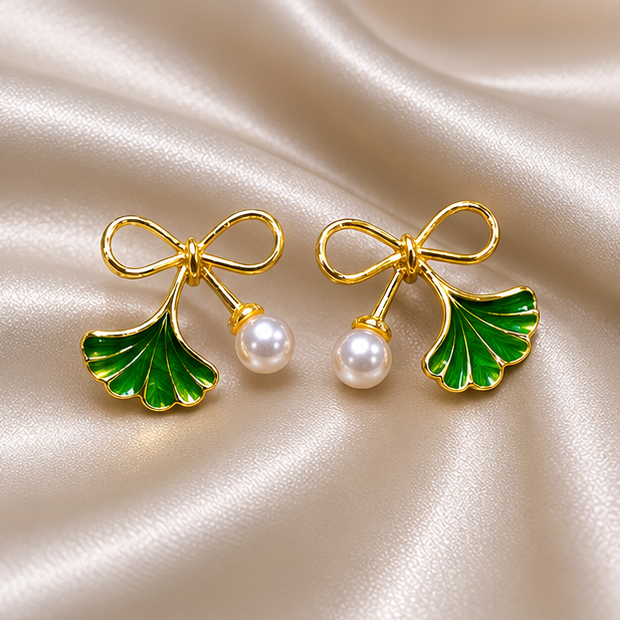 Emerald Ginkgo Pearl Bow Earrings