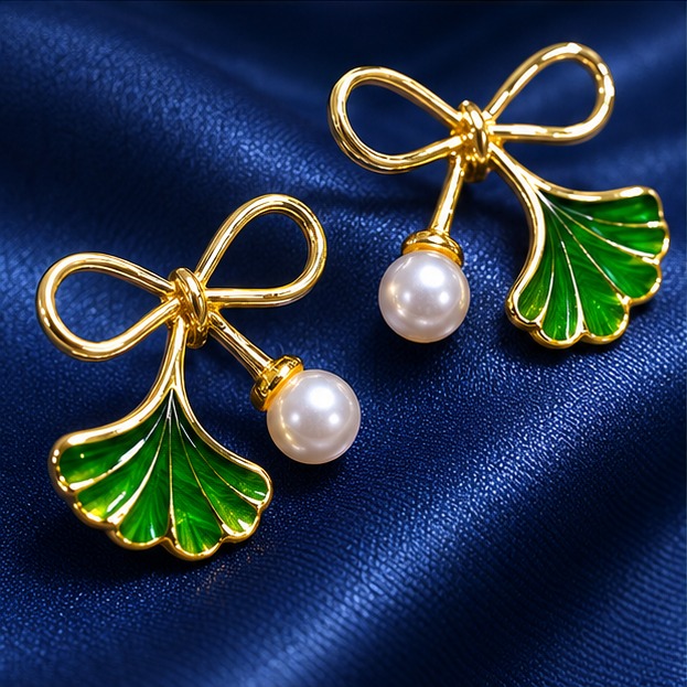 Emerald Ginkgo Pearl Bow Earrings