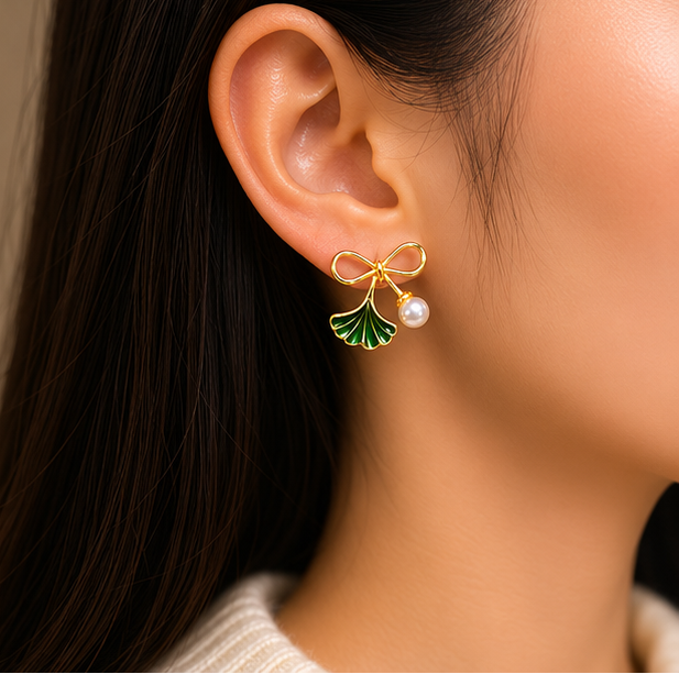 Emerald Ginkgo Pearl Bow Earrings