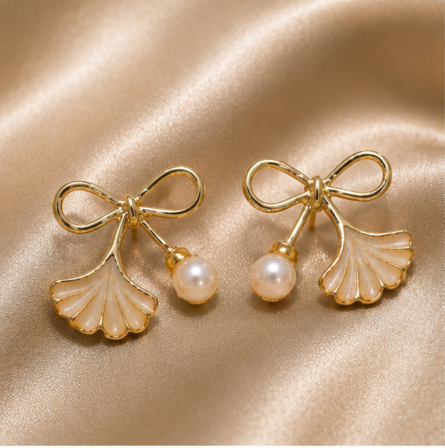 Ivory Ginkgo Pearl Bow Earrings