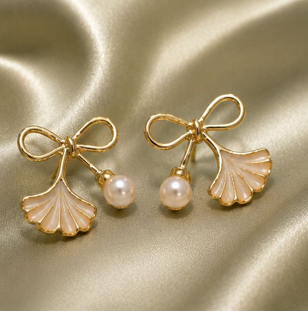 Ivory Ginkgo Pearl Bow Earrings