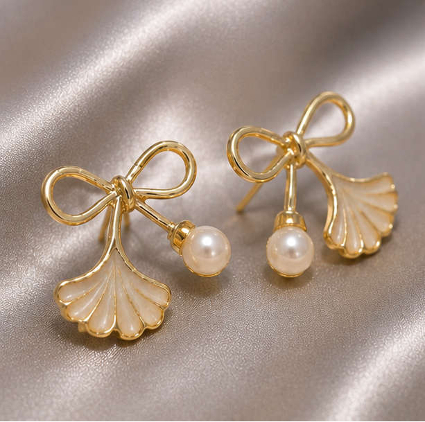 Ivory Ginkgo Pearl Bow Earrings