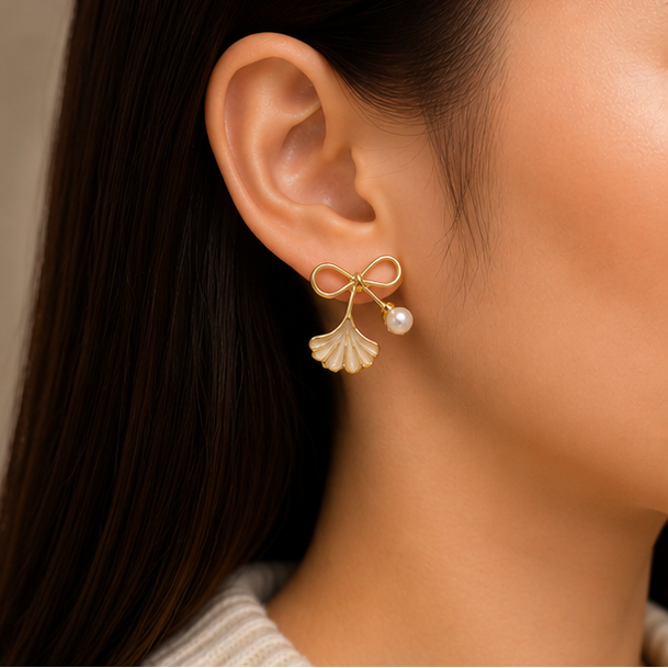 Ivory Ginkgo Pearl Bow Earrings