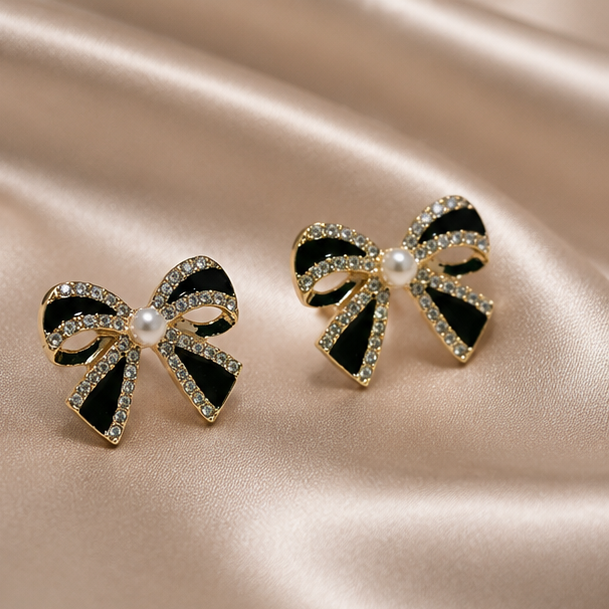 Noir Elegance Bow Earrings