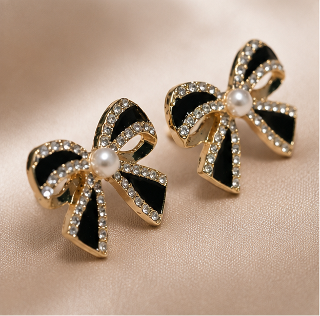 Noir Elegance Bow Earrings