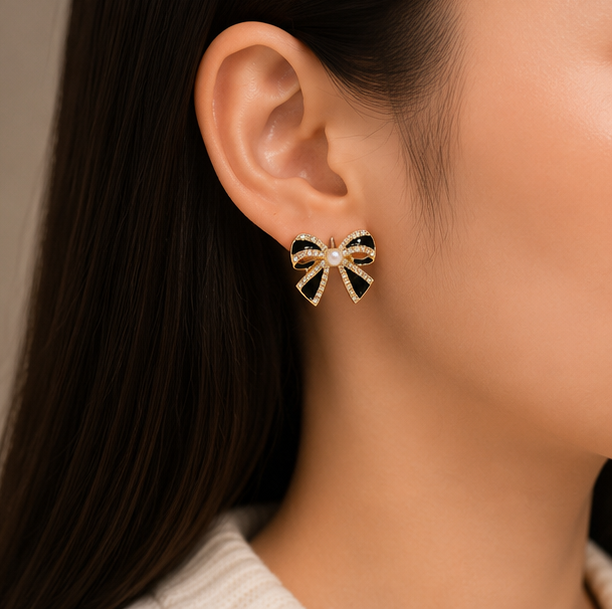 Noir Elegance Bow Earrings