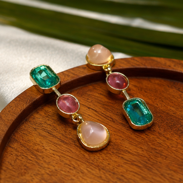 Asymmetrical Pastel Gemstone Cascade Drop Earrings
