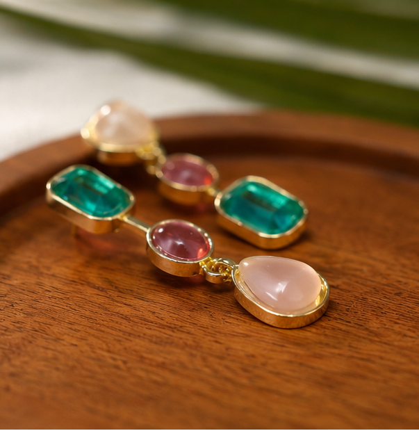 Asymmetrical Pastel Gemstone Cascade Drop Earrings