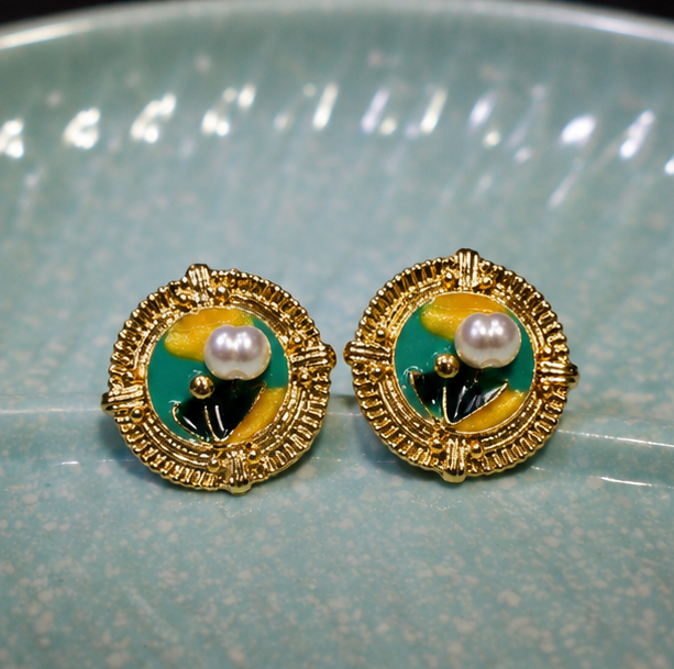 Golden Meadow Pearl Stud Earrings