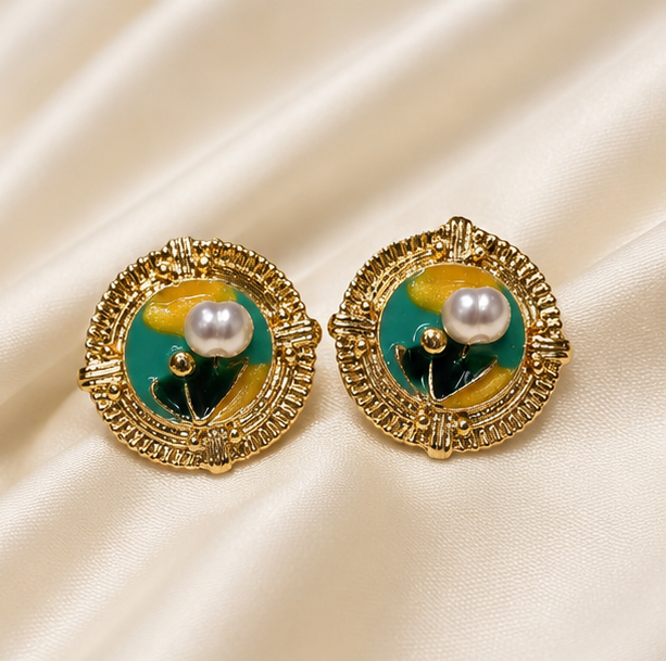 Golden Meadow Pearl Stud Earrings