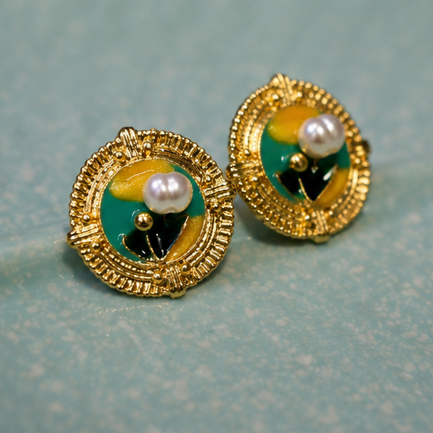 Golden Meadow Pearl Stud Earrings