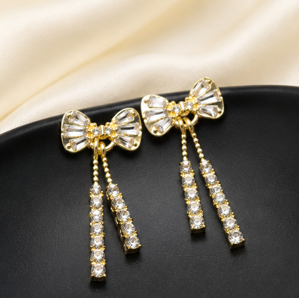 Crystal Bow Tassel Earrings