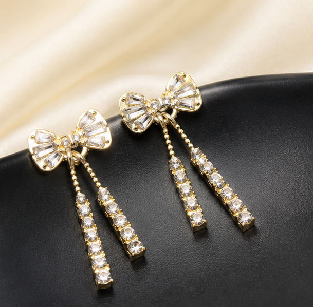 Crystal Bow Tassel Earrings