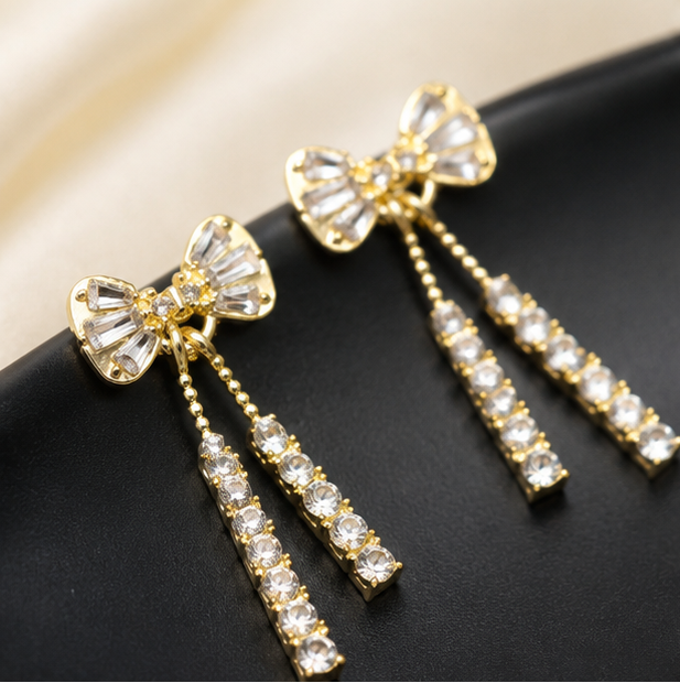 Crystal Bow Tassel Earrings