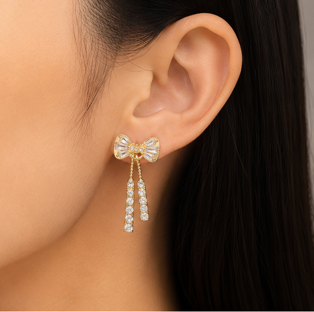 Crystal Bow Tassel Earrings