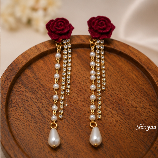 Queen Energy - Crimson Rose Pearl Tassel Earrings