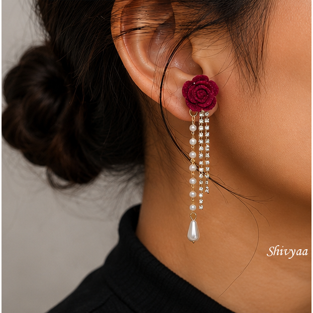 Queen Energy - Crimson Rose Pearl Tassel Earrings