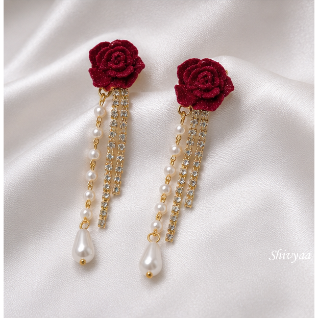 Queen Energy - Crimson Rose Pearl Tassel Earrings