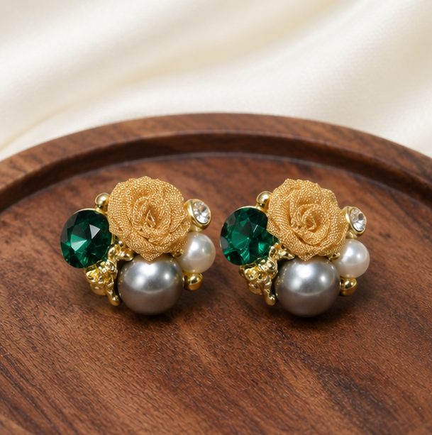 Emerald Rose Pearl Stud Earrings