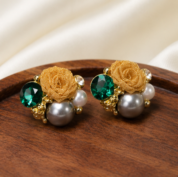 Emerald Rose Pearl Stud Earrings