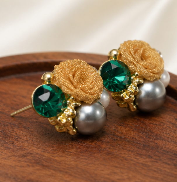 Emerald Rose Pearl Stud Earrings