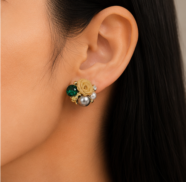 Emerald Rose Pearl Stud Earrings