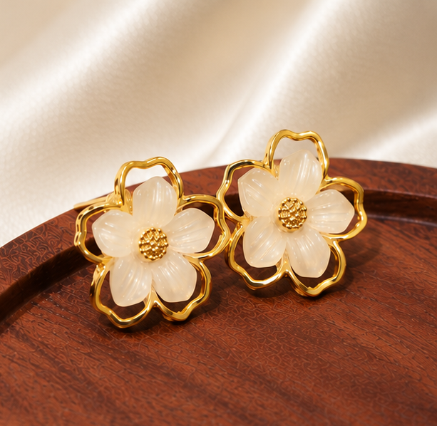 Ivory Blossom Floral Stud Earrings