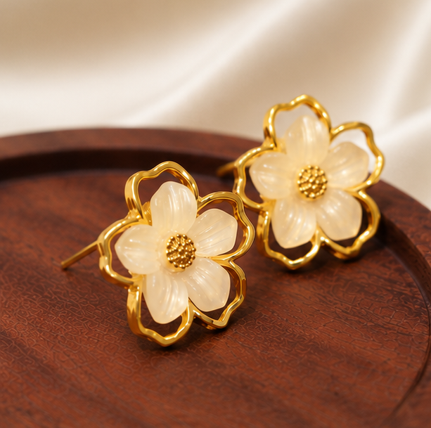Ivory Blossom Floral Stud Earrings
