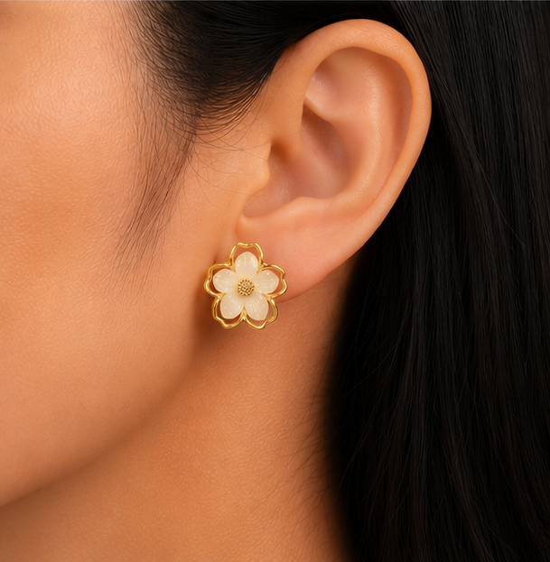 Ivory Blossom Floral Stud Earrings