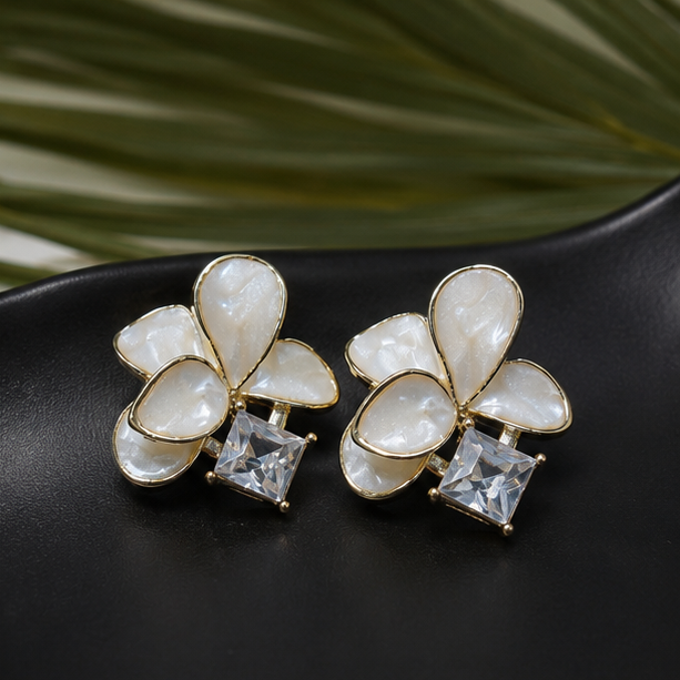 Moon Petal Crystal Flower Stud Earrings