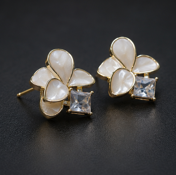 Moon Petal Crystal Flower Stud Earrings