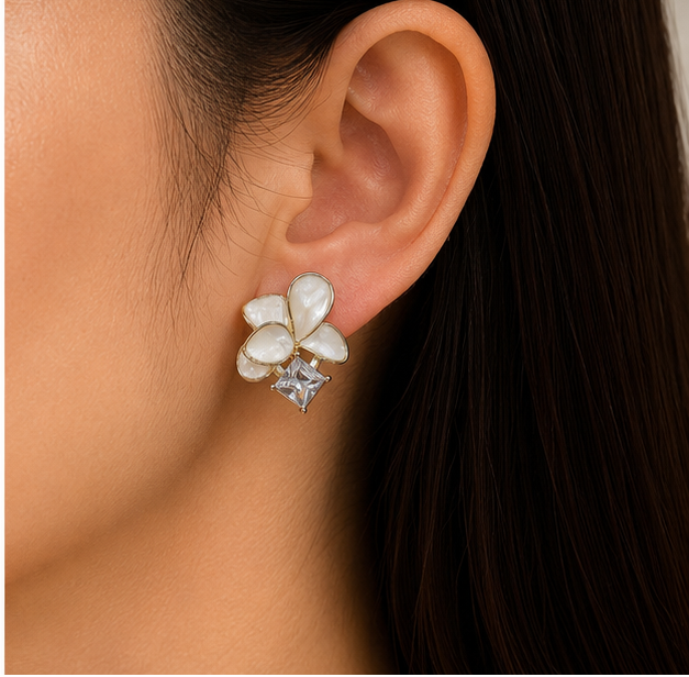 Moon Petal Crystal Flower Stud Earrings