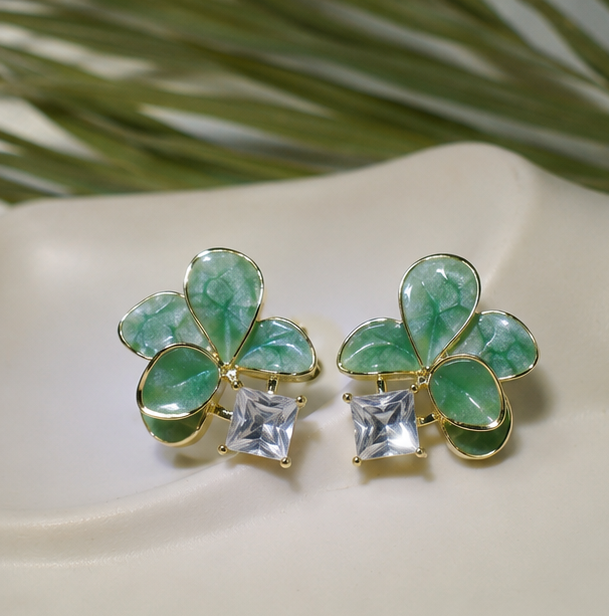 Emerald Bloom Crystal Flower Stud Earrings