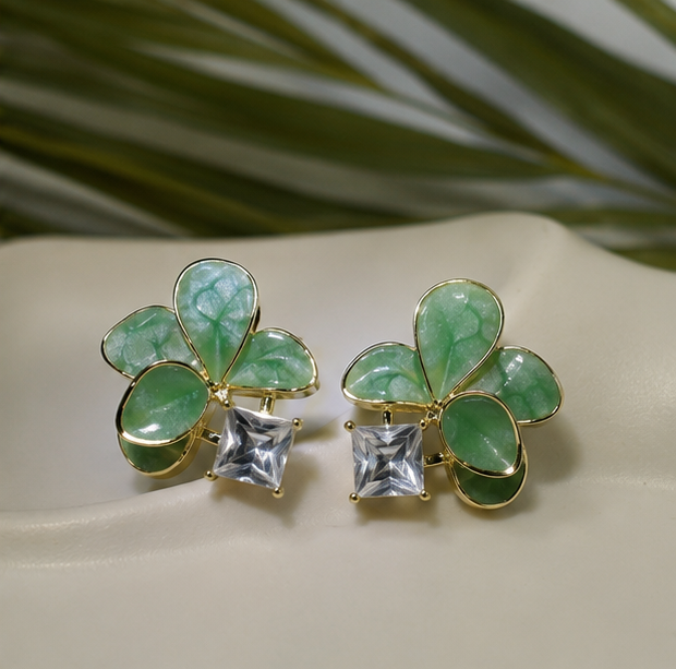 Emerald Bloom Crystal Flower Stud Earrings