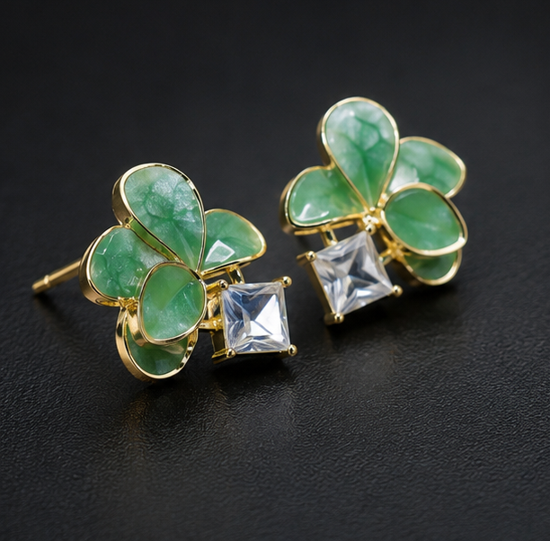 Emerald Bloom Crystal Flower Stud Earrings
