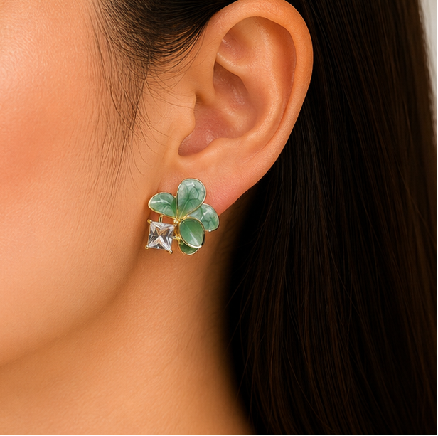 Emerald Bloom Crystal Flower Stud Earrings