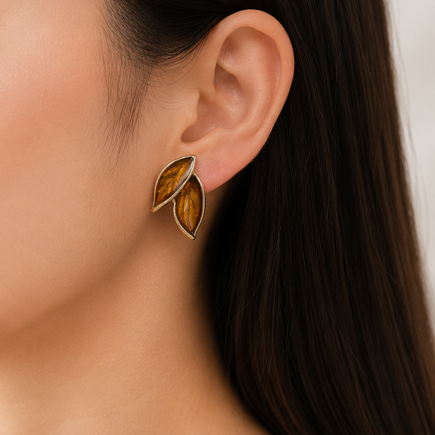 Amber Leaf Statement Stud Earrings
