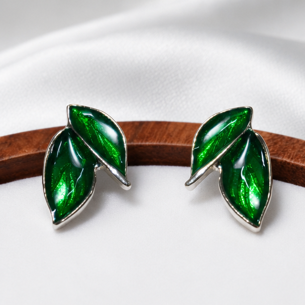 Emerald Leaf Statement Stud Earrings