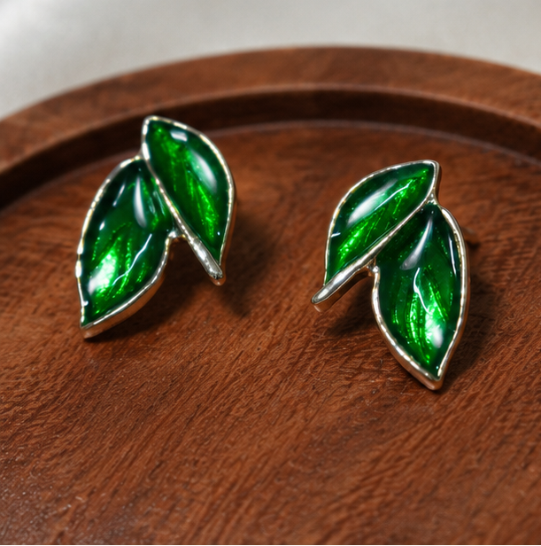 Emerald Leaf Statement Stud Earrings