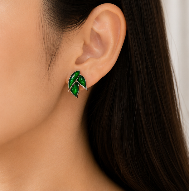 Emerald Leaf Statement Stud Earrings