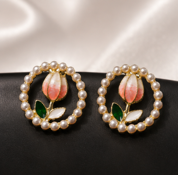 Blush Bloom Tulip Pearl Stud Earrings
