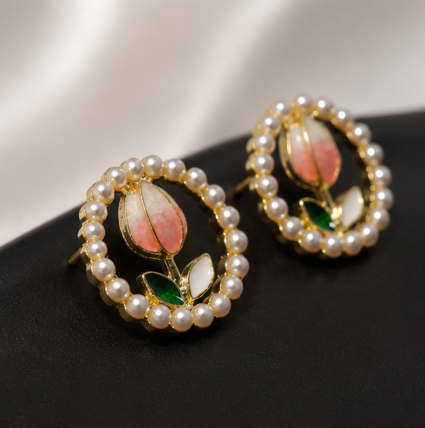 Blush Bloom Tulip Pearl Stud Earrings
