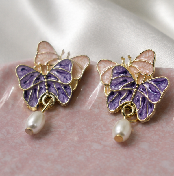 Lavender Twin Butterfly Pearl Drop Earrings