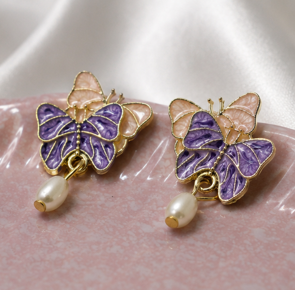 Lavender Twin Butterfly Pearl Drop Earrings