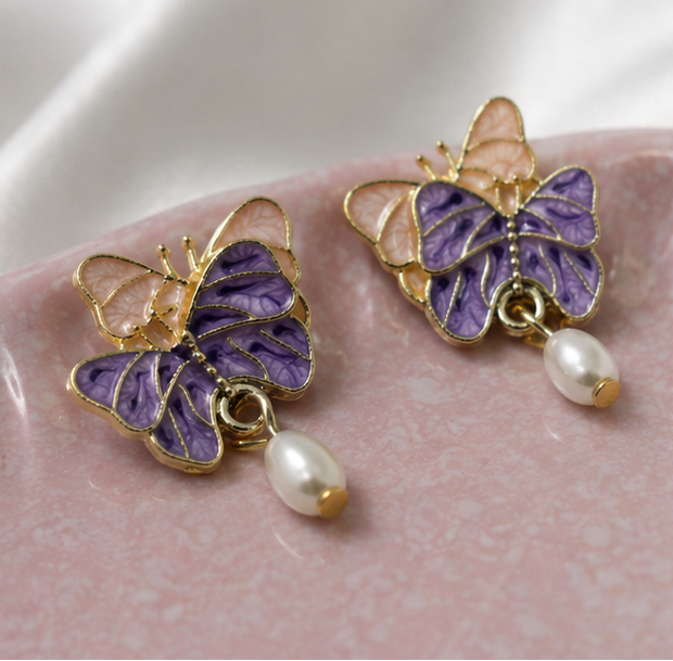 Lavender Twin Butterfly Pearl Drop Earrings