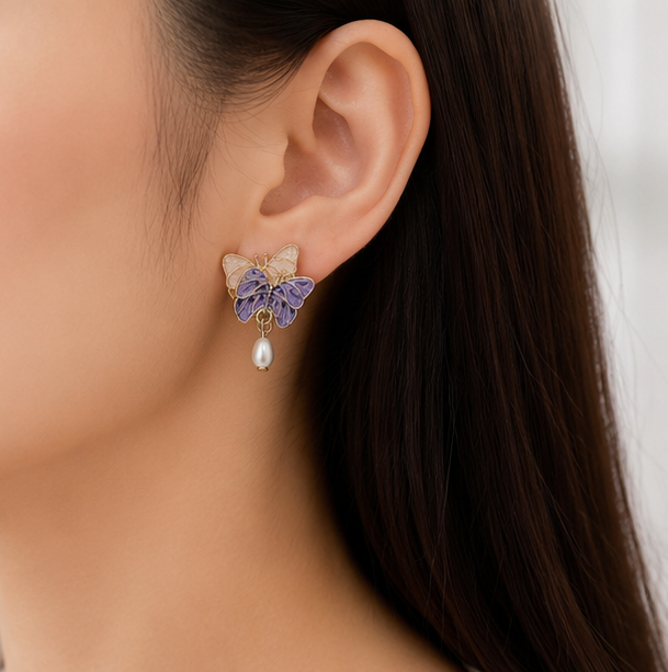 Lavender Twin Butterfly Pearl Drop Earrings