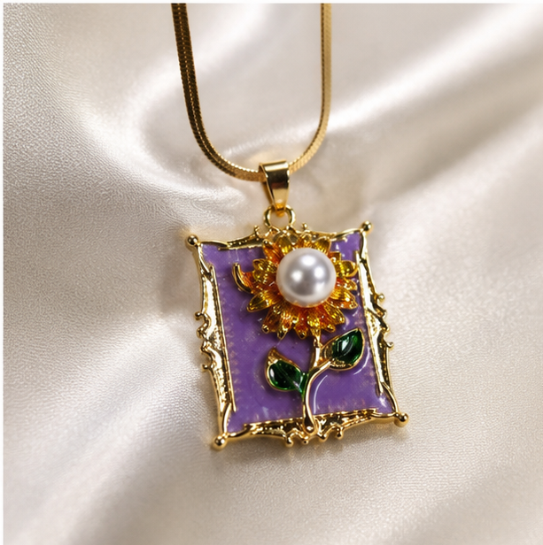 Golden Sunflower Pearl Pendant Necklace
