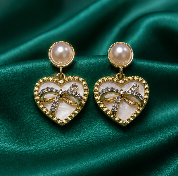 Tiny Twinkle - Pearl Heart Bow Drop Earrings