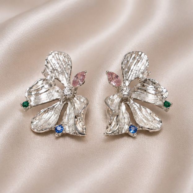 Shine Petal - Silver Bloom Crystal Statement Earrings